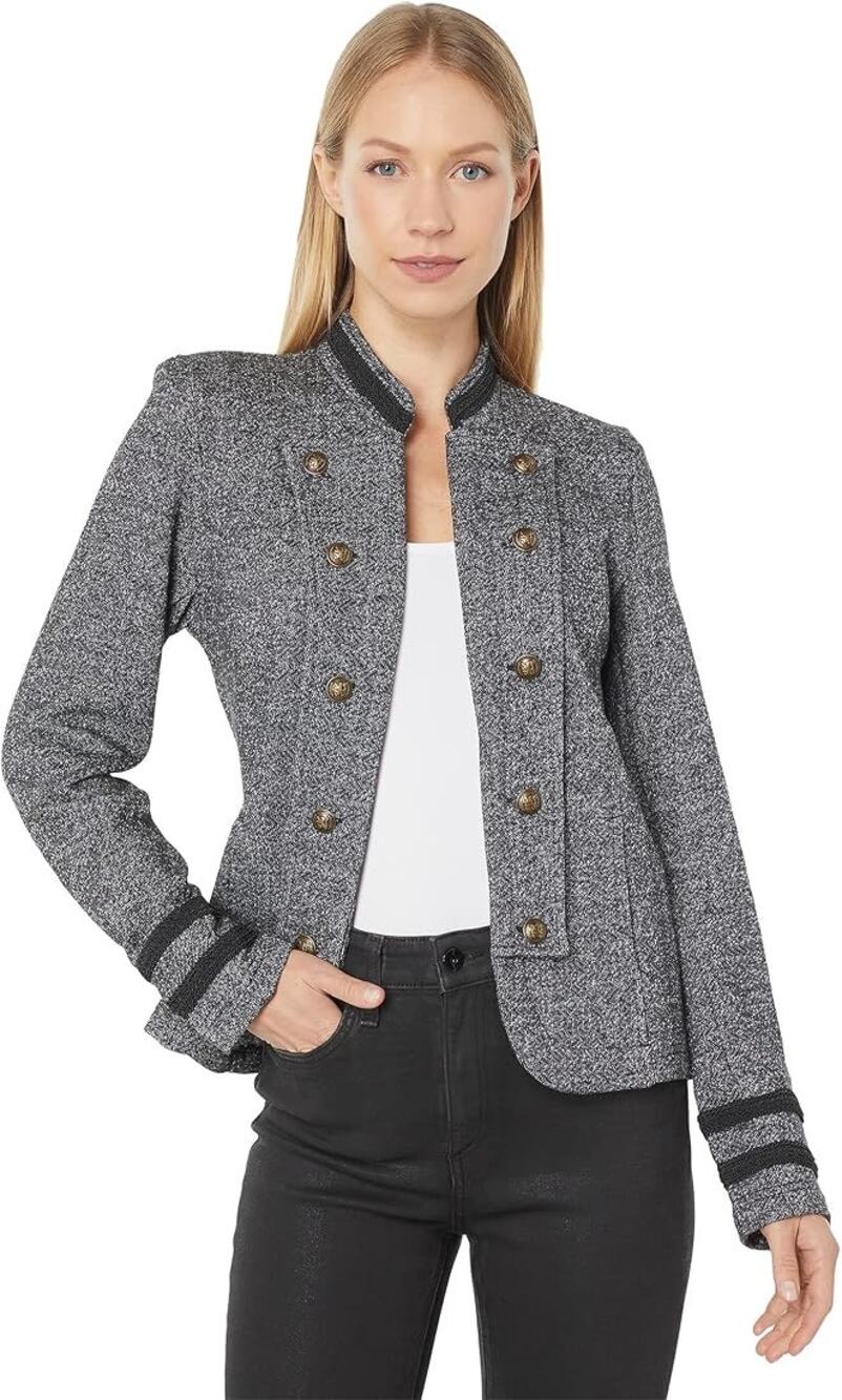 TOMMY HILFIGER Military Jacket Gray Marled Knit Blazer Brass Buttons New Large
